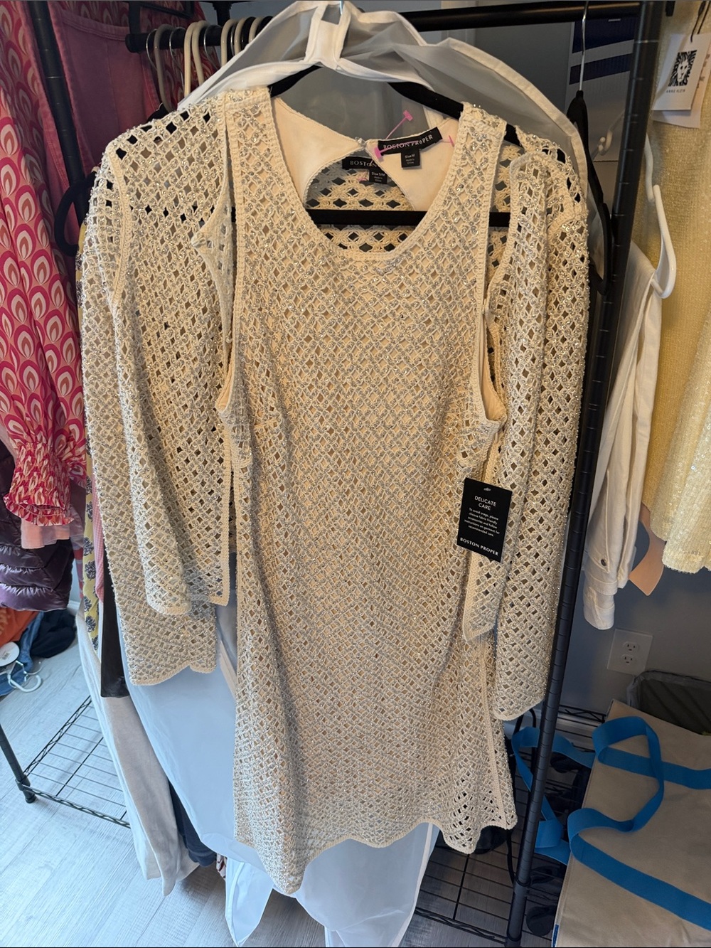 Boston Proper Cream Crochet Mini Dress with Cardigan